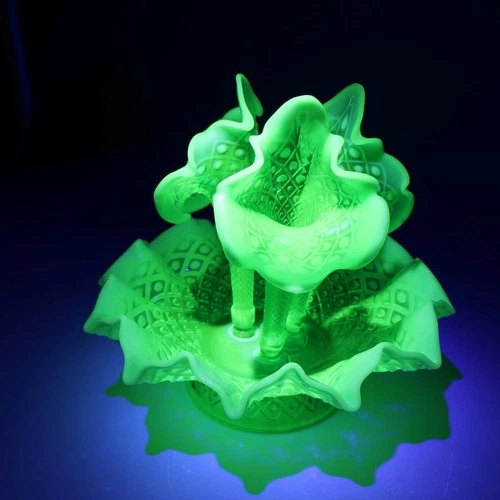 Fenton Art Glass Green Uranium Opalescent Hobnail Epergne - 3 Horns - 11½ inches