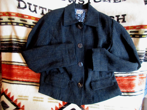 CHICO'S SIZE 0 TWEED JACKET LARGE SHELL BUTTONS ANIMAL PRINT LINING BROWN COLLAR - Picture 3 of 8