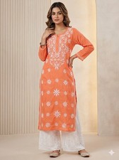 Women Chikankari Kurti Cotton Hand Embroidered Kurti Peach Indian Ethnic Wear