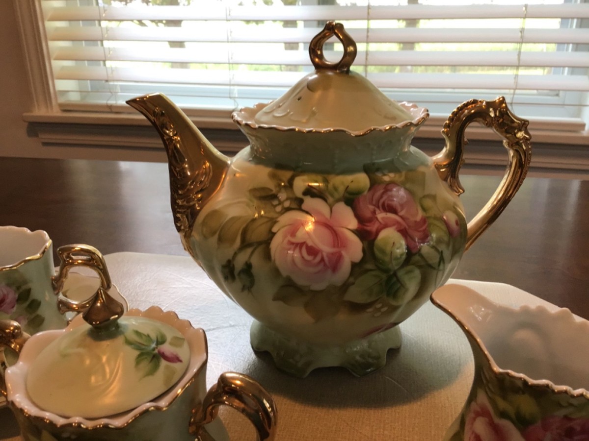 Vintage LEFTON HERITAGE Green Hand Painted Tea Set Pink Roses +