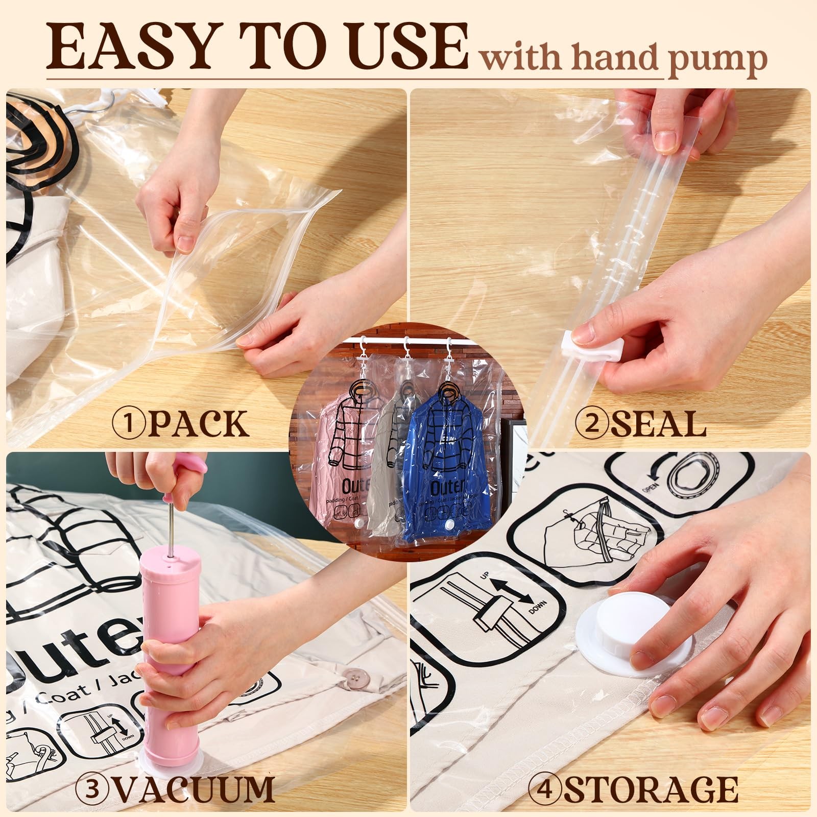 8 Pcs Reusable Hanging Vacuum Storage Bags for Clothes Hanging Compressible S...