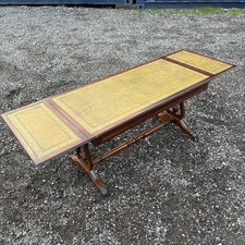 Antique Regency Style Large Drop Leaf Green Leather Top Occasional Coffee Table