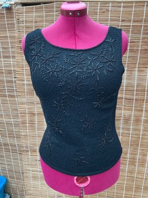 Vintage Kai-Ming Damen Perlen Top schwarz ärmellos 100% Schurwolle Reißverschluss hinten