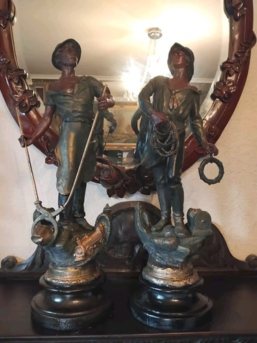 A Pair of Antique French Bronzed Spelter Figures Sculptures - 第 1/10 張圖片