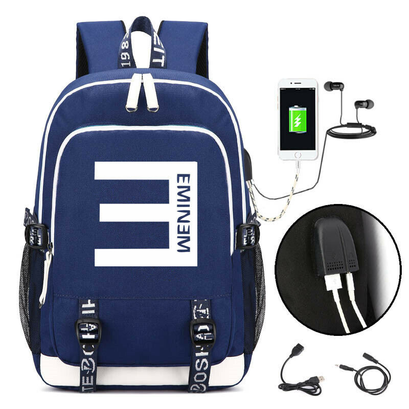 Eminem Backpack Students School Bag USB Travel Bag Shouder Bag Laptop  Ruckpacks