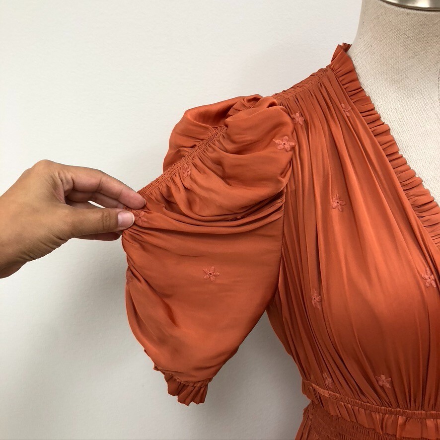 Ulla Johnson Maya Dress Womens 6 Orange Midi Ruch… - image 4