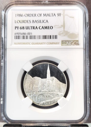 1986 ORDER OF MALTA SILVER 9 TARI BASILICA NGC PF 68 ULTRA CAMEO TOP POP 1
