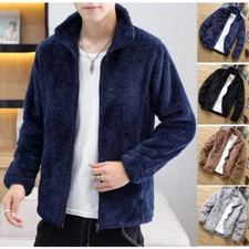 Men Faux Fur Jacket Sherpa Fleece Coat Thermal Cardigan Outwear Fluffy Warm
