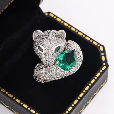 SHENYLEZ Beautiful Leopard Fox Green Zircon Adjustable Ring