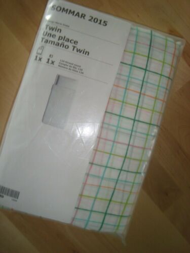 IKEA Twin Duvet Cover w/ Pillowcase Bed Set Poly Cotton White Green Orange Check - Picture 1 of 6