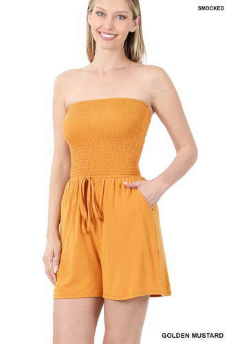 Smocked Tube Romper With Pockets - Elastic Waistband - Picture 6 of 6