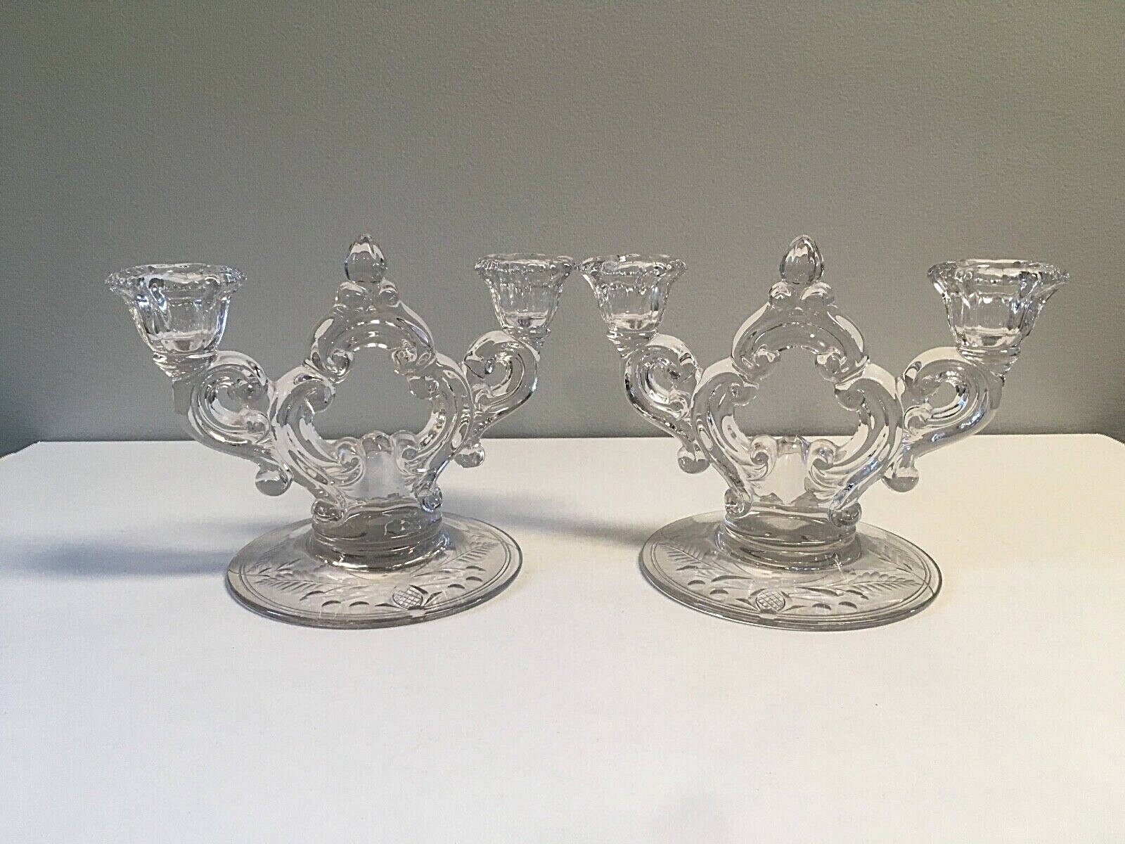 Vintage Set Cambridge Clear Keyhole /Etched Base Double Glass Candle
