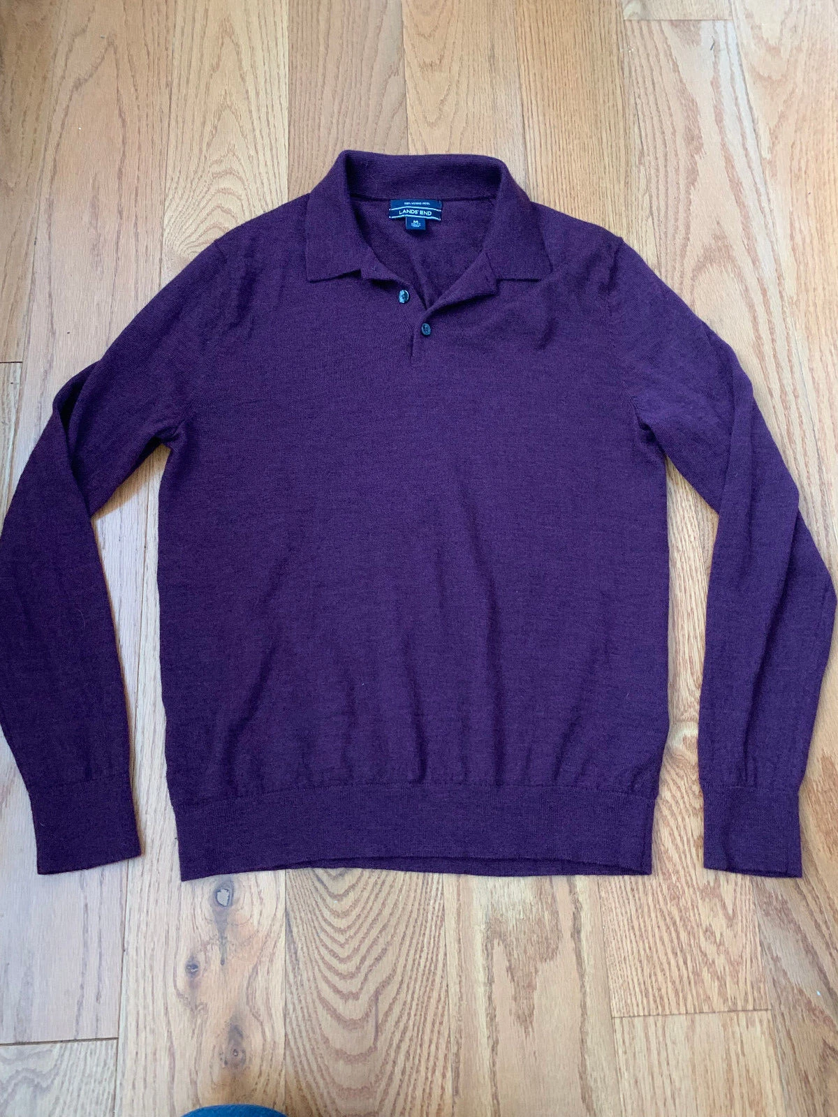 Lands End 100% Wool Pullover Men's Maroon Sweater 3 Button Collared M 38-40