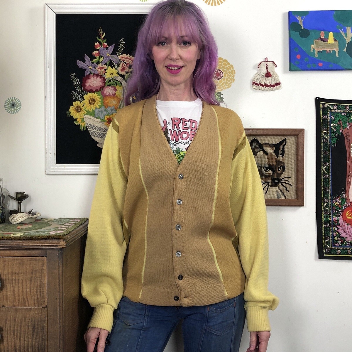 Vintage Grunge Style Cardigan, 1960s Mustard Yellow Sweater Super