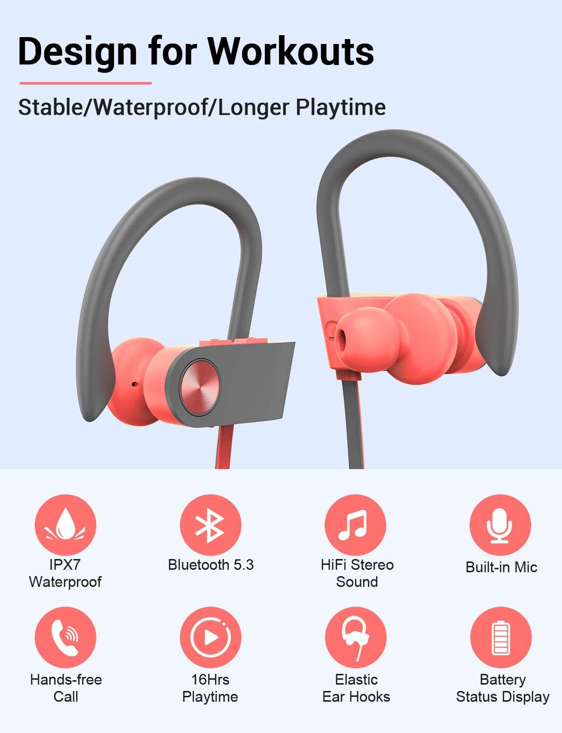 Stiive Bluetooth Headphones Wireless Sports Earbuds IPX7 Waterproof with Mic ...