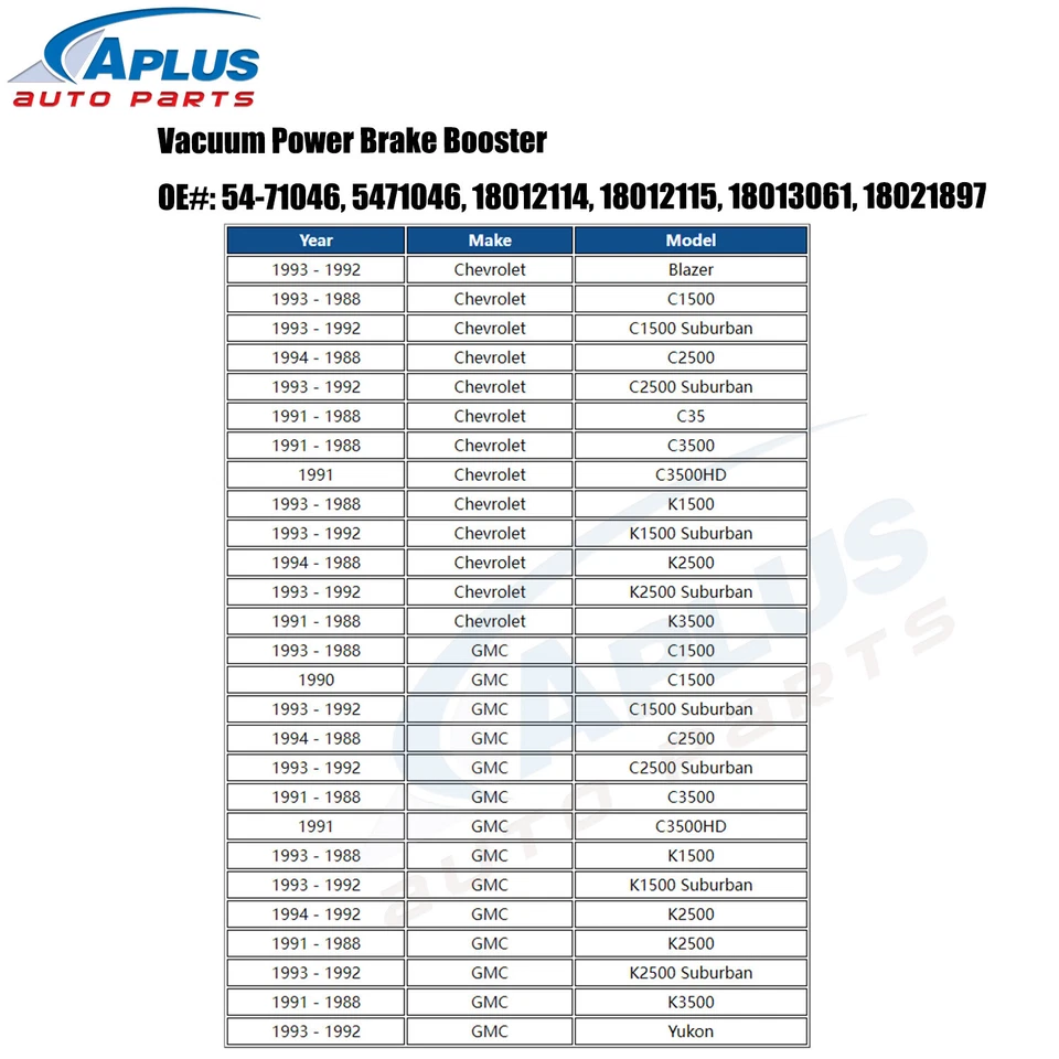 Potenciador de freno de vacío para Chevy Blazer C3500 GMC C1500 C2500 C3500 54-71046 Foto 3 de 4