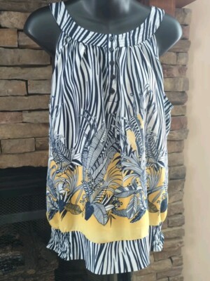 Tropical Floral Blouse Size Extra Large XL Navy White Yellow