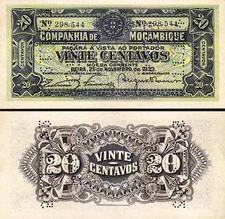 Mozambique 20 Centavos 1933, UNC- , P-R29 , Perforated