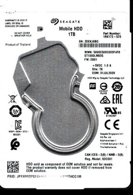 ST1000LM035 P/N: 1RK172-570 F/W: EB01 S/N: ZDEK TK 1TB JUL 2020 THAILAND SEAGATE