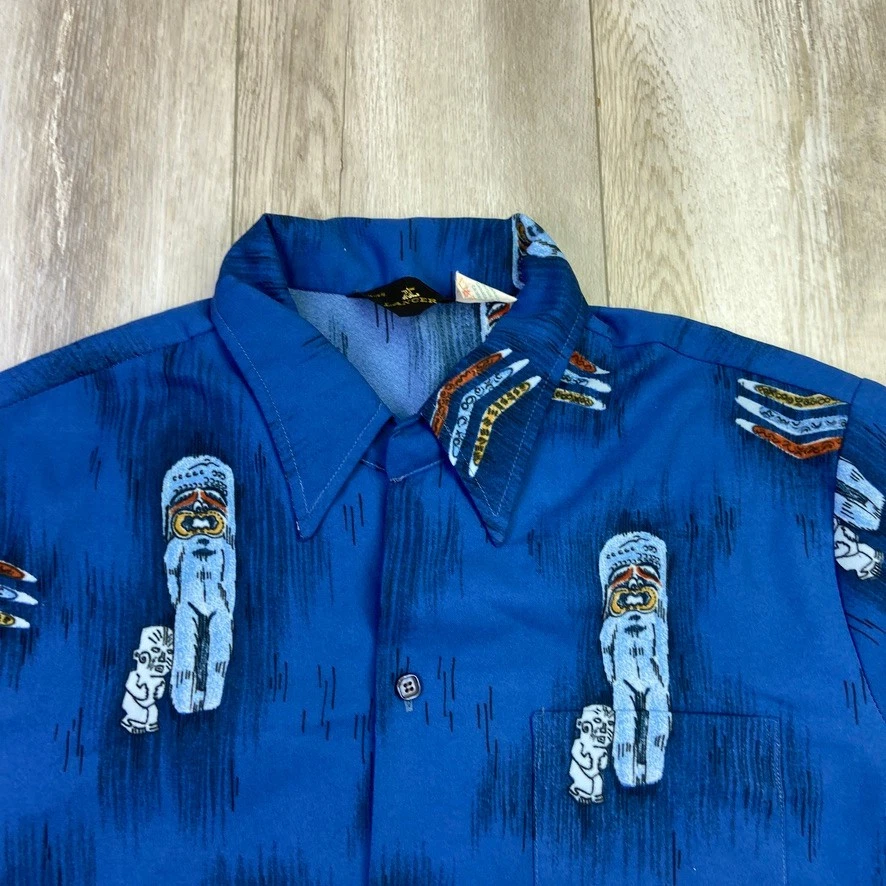 VINTAGE Lancer Hawaiian Shirt Mens L Blue Tiki Button Up Short Sleeve 60s 70s - Image 2 of 4