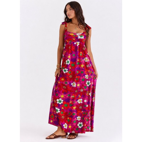 VTG Handmade 60s 70s Floral Maxi Boho Dress Pink Purple Velour Psychedelic 60s