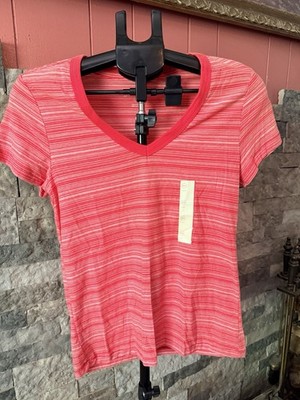 Universal Thread Pink Red Striped V-Neck Tee Short Sleeve T-Shirt Size XS