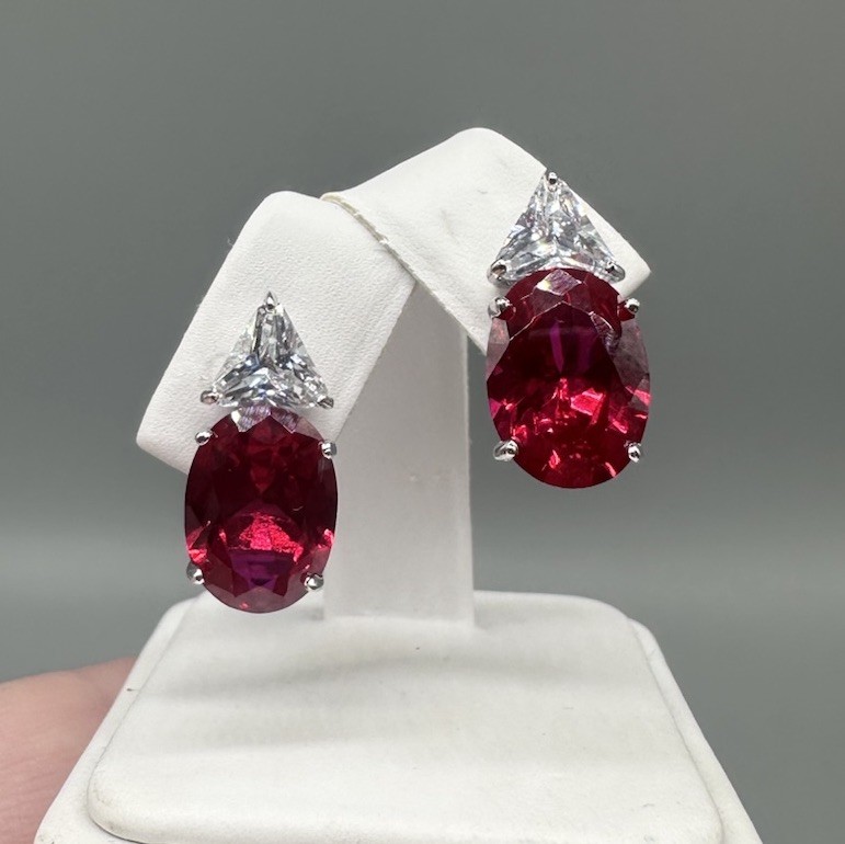 Sterling Silver Large Ruby Red Oval Stud Earrings… - image 2