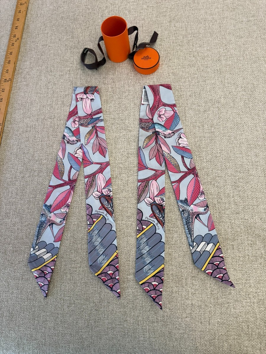 Hermes Twilly Tree Of Song Scarf Silk Light Blue Pink and Gray Set