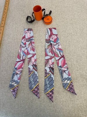 Hermes Twilly Tree Of Song Scarf Silk Light Blue Pink and Gray Set of 2