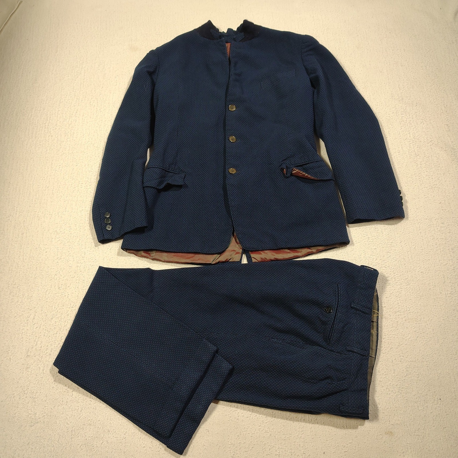 Traje De Colección Francés A Medida Cuello Mao Azul Lana Forro Satinado Civil-Militar Med