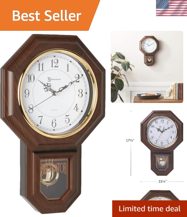 Elegantly Crafted Walnut Pendulum Wall Clock with Westminster Chime - 17.5"