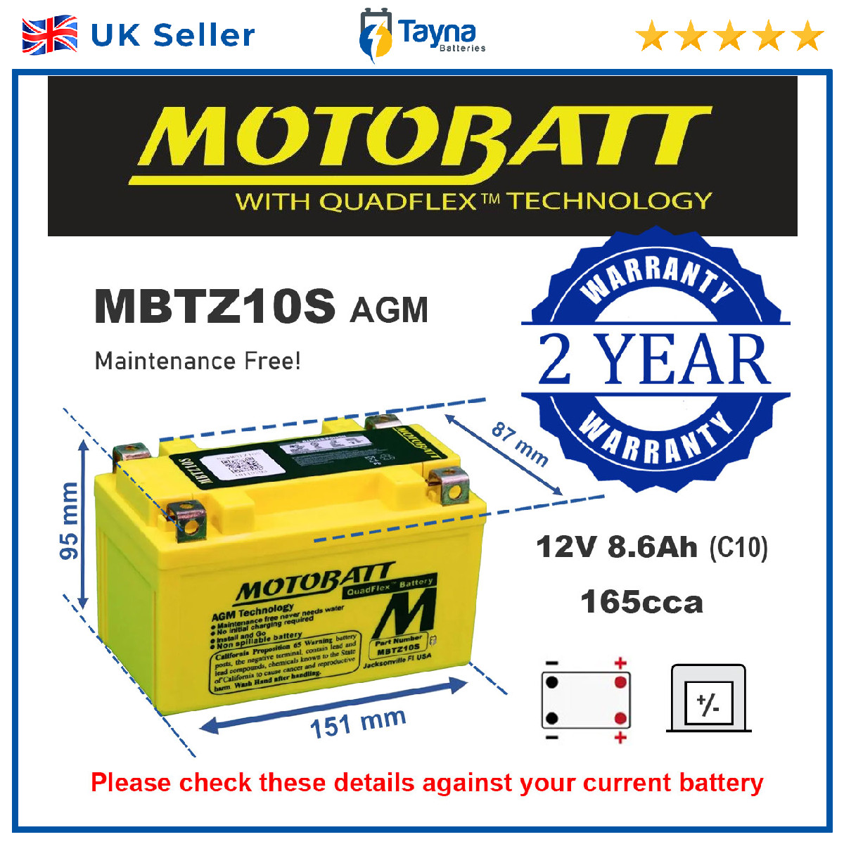 Motorcycle Battery for Honda CB1000R CBF1000 CBR1000RR Fireblade Replaces YTZ10S