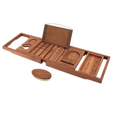 Premium Bathtub Mount Teak Bath Caddy Tray with Expandable Handles and Wine Glas