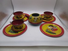 Vtg OHIO ART Childrens Tin Tea Set - Puppy/Little Girl Watering Flowers w/Teapot