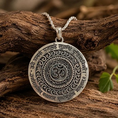 Maha Mrutunjay Mantra oxidiertes Sterlingsilber OM Anhänger Hindu Mantra Yoga...