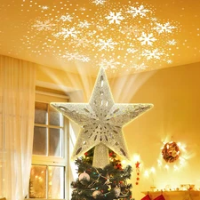 Christmas Star Tree Topper with Built-In Led Snowflake Projector Lights Hollowed