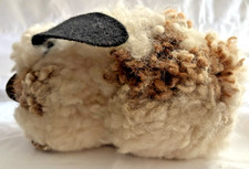 Handmade Vintage Sheep Real Fur Figurine w/Wooden Base 5"Hx8"L Fat & Fluffy