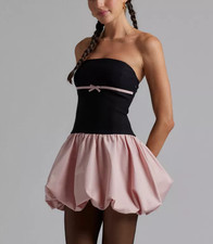 Motel Kalea Bubble Hem Mini Dress Black Pink Medium Holiday Dress Y2K Balletcore