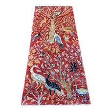 2'6"x6' Red Peshawar Birds of Paradise Design Hand Knotted Soft Wool Runner Rug