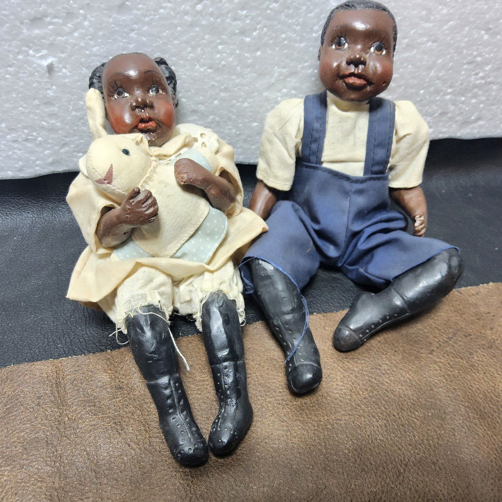 2 Vintage resin black folk children art dolls farm dress overalls bunny ebony