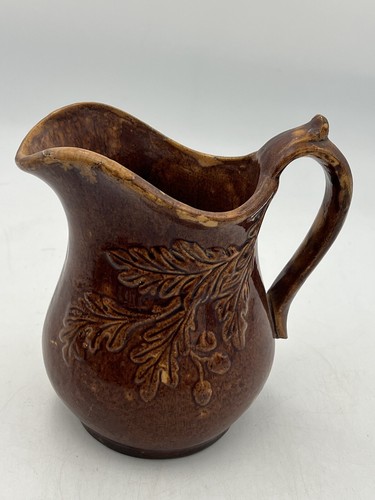 Antique Bennington Brown Glazed Pitcher Embossed Oak Leaves 7” Tall - M2 - Picture 2 of 8