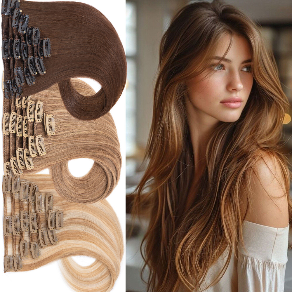 Indian Clip In 100% Human Hair Real Remy Hair Extensions 8PCS Weft