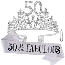 50 & Fabulous Tiara Sash Set 50th Birthday Party Gifts for Women Silver