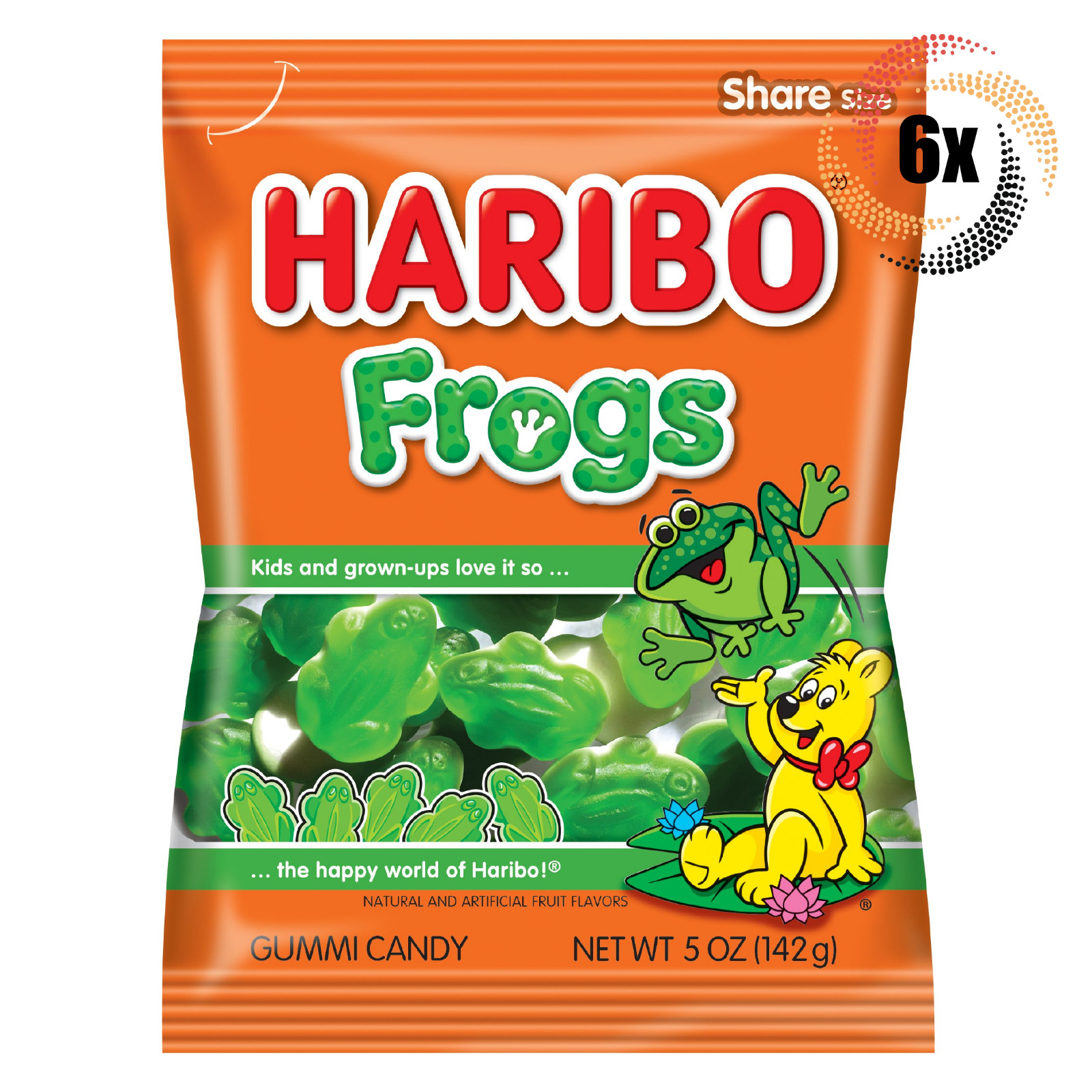 6 пакетиков жевательных конфет Haribo Frogs с персиковым вкусом и обезжиренной начинкой в количестве 5 унций 4890₽