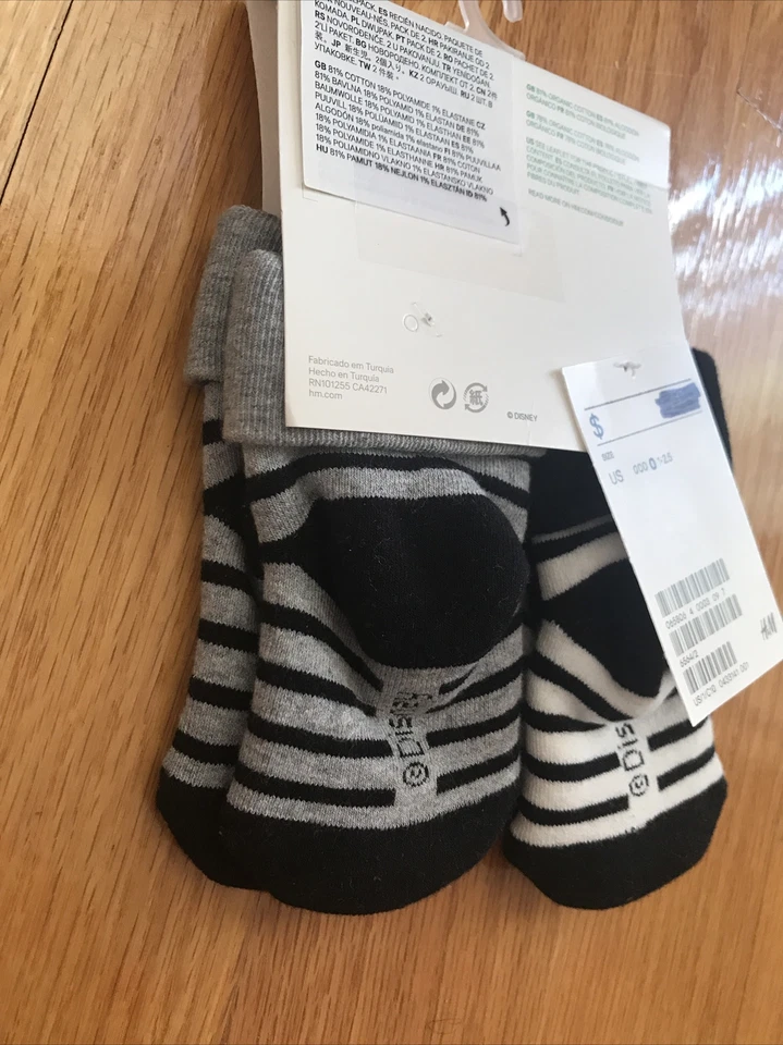 NEW Disney Newborn Mickey Mouse Socks, Black/Grey/White Organic Cotton Blend, 2 - Image 3 of 3