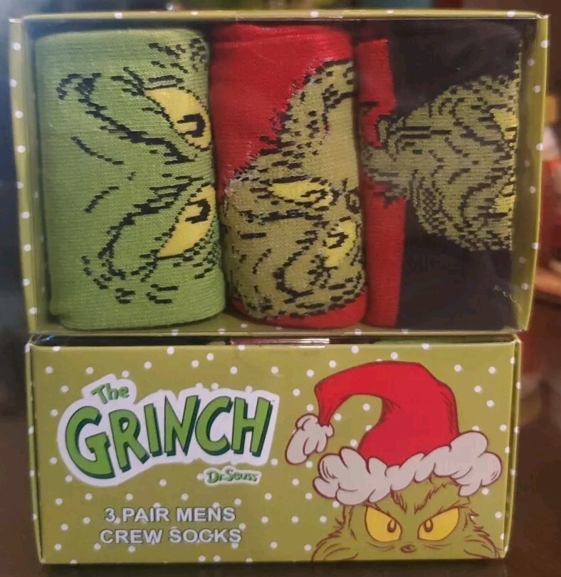 SAOLA Dr Seuss GRINCH Merry Grinchmas Adult Holiday 3 paia calze equipaggio (solo 1 scatola) nuove con scatola