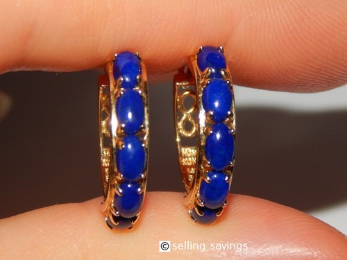 14K YELLOW GOLD 2.50 TCW CABOCHON LAPIS 8/10th INCH LEVERBACK HOOP EARRINGS - Picture 6 of 6