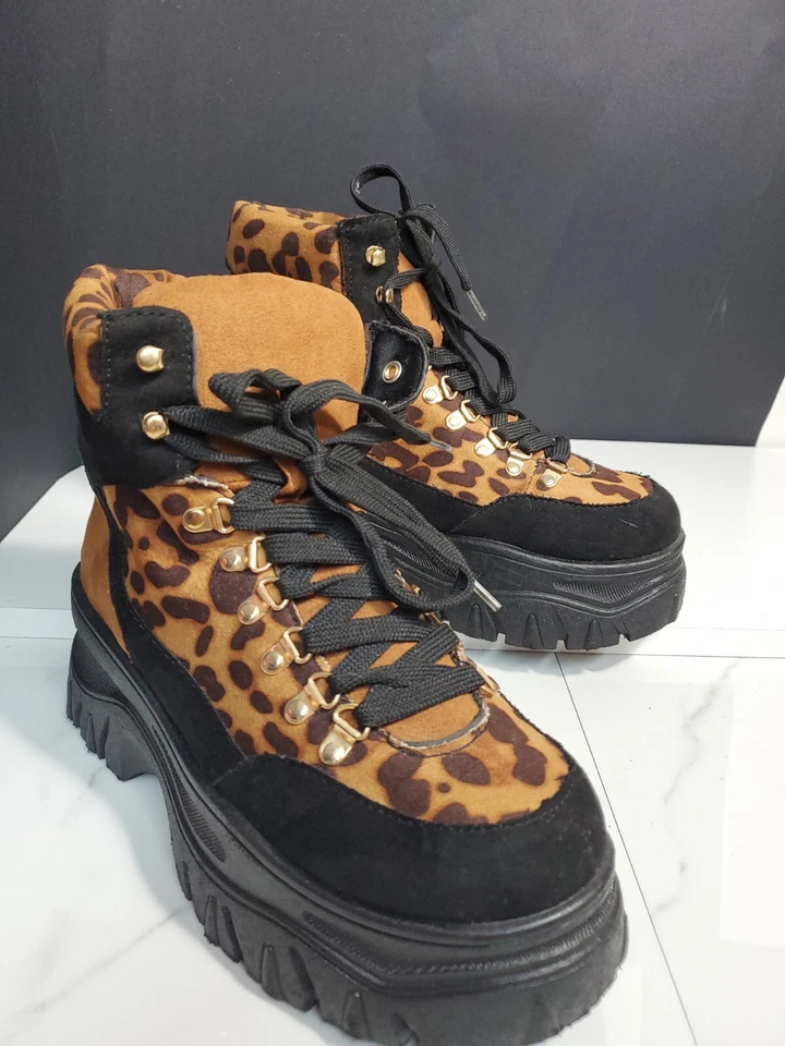 Botas con cordones estilo combate grueso patrón chita marrón bambú talla 6 NUEVAS Foto 2 de 4