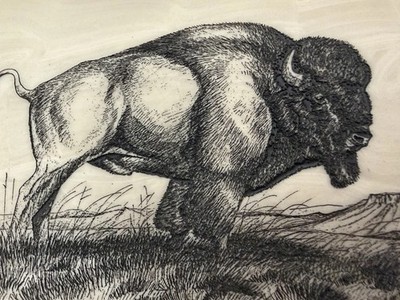 Vintage 1988 Borgreen Bison Buffalo Etched Montana Marble Art Signed Display