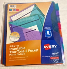 Avery Big Tab Insertable Plastic Dividers 8-Tab Two Tone Set (11983) 710147  NEW